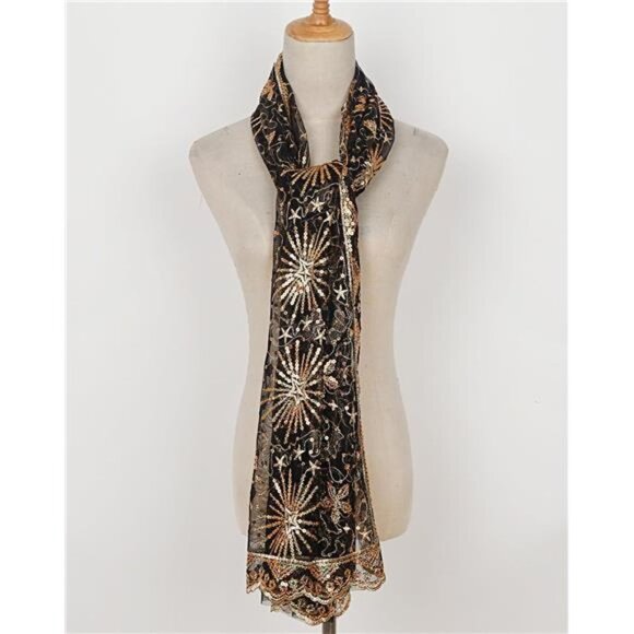 Boho Black Gold Moon & Star Sheer Mesh Sequin Embellished Shawl Wrap‎ Scarf - Picture 4 of 7